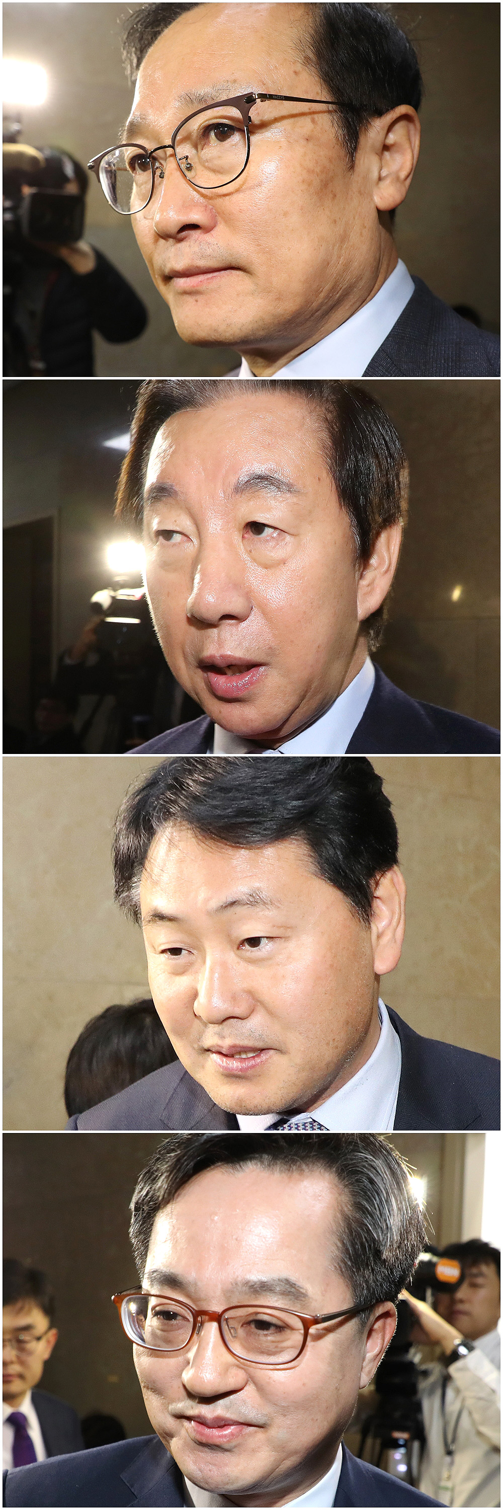 ▲더불어민주당 홍영표(사진 위쪽부터), 자유한국당 김성태, 바른미래당 김관영 교섭단체 원내대표와 김동연 부총리 겸 기획재정부 장관(사진 아래)이 내년도 예산안 협상을 위해 6일 오전 국회 운영위원장실로 들어가고 있다. (연합뉴스)