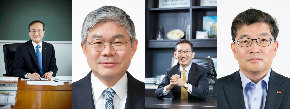 ▲사진 왼쪽부터 이석희 SK하이닉스 사장, 안재현 SK건설 사장, 윤병석 SK가스 사장, 나경수 SK종합화학 사장. (사진 제공=SK그룹)