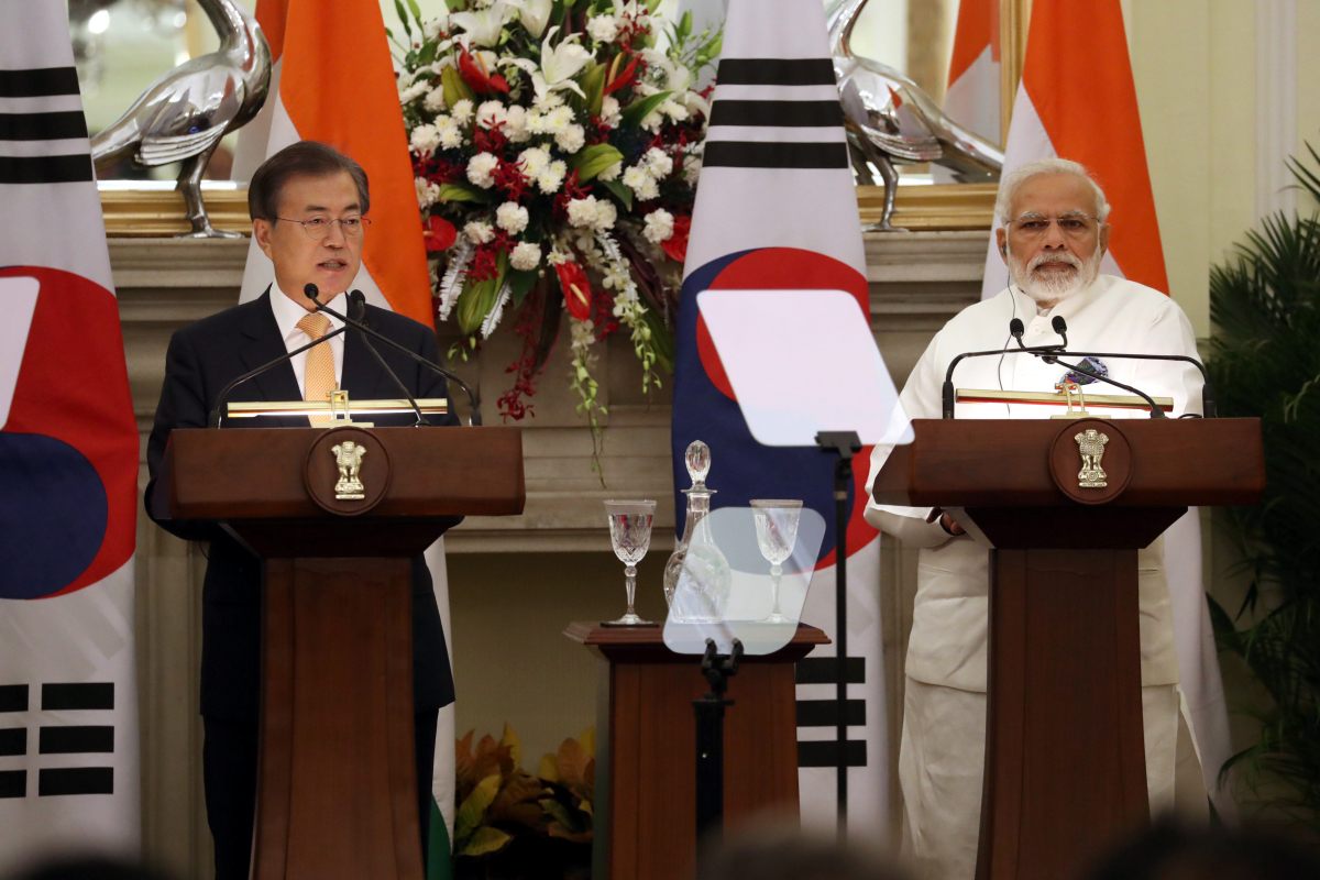 ▲산업통상자원부는 11~12일 서울에서 인도와 '한-인도 포괄적 경제동반자협정(CEPA) 제7차 개선협상'을 연다. 사진은 올해 7월 인도 뉴델리에서 열린 한-인도 정상회담.(뉴시스)