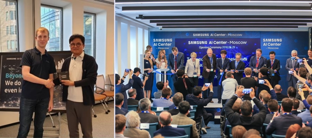 ▲(왼쪽 사진) 삼성 AI 센터 - 모스크바 (SAIC - 모스크바)의 파벨 오스 야코프 (Pavel Ostyakov) 연구원, 이진욱 러시아 삼성 연구원장. (오른쪽 사진) 올해 5 월에 열린 SAIC- 모스크바의 개회식 모습(출처=삼성전자 뉴스룸)