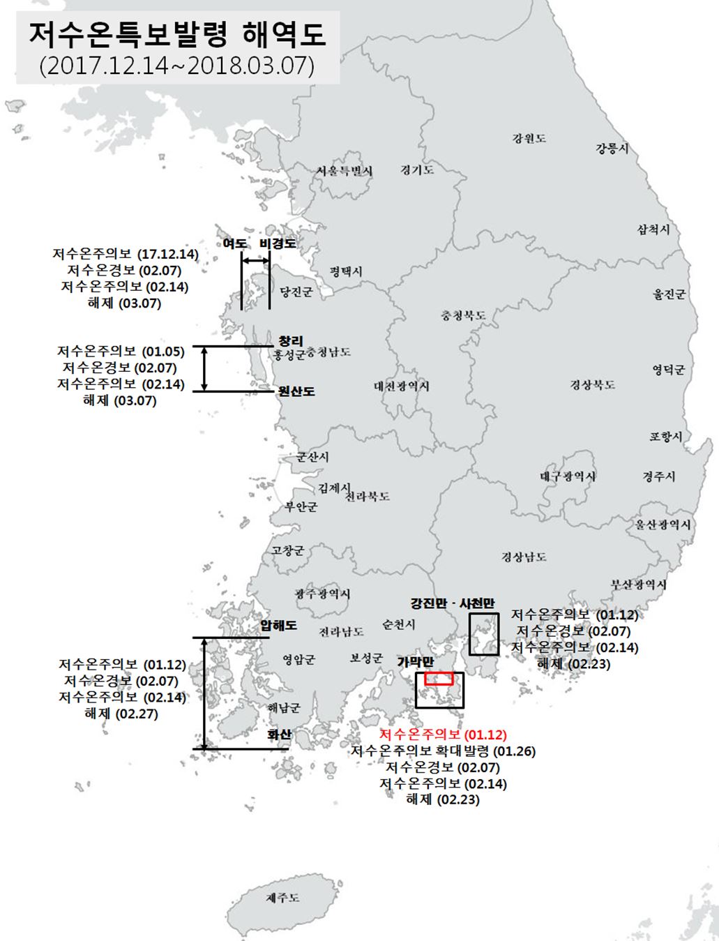 ▲지난 겨울 저수온 특보 발령 현황(해양수산부)