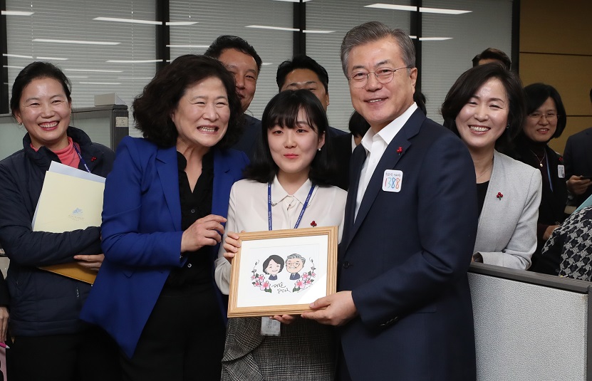 ▲문재인 대통령이 20일 오후 서울 종로구 정부서울청사에서 열린 2019 여성가족부 업무 보고에 앞서 가족지원과를 찾아 직원이 그린 대통령 내외 그림을 선물받고 있다.(연합뉴스)