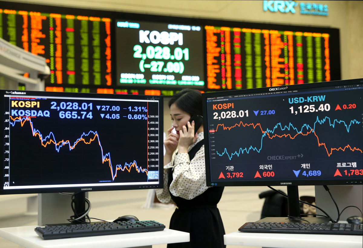 ▲코스피지수가 26일 미국 증시 급락 여파에 전 거래일 대비 27포인트(1.31%) 하락한 2028.01로 거래를 마감했다.(사진=한국거래소 )