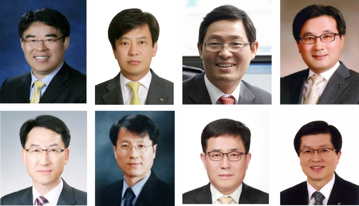 ▲좌측 상단부터 시계방향으로 KB금융지주 김기환 재무총괄 부사장, 임필규 HR총괄 부사장, 조경엽 경영연구소장 부사장, 조영혁 내부감사담당 부사장, 국민은행 이계성 여신그룹 부행장, 오보열 CIB고객그룹 부행장, 서남종 리스크관리그룹 부행장, 김남일 영업그룹 부행장.(사진제공=KB금융지주)