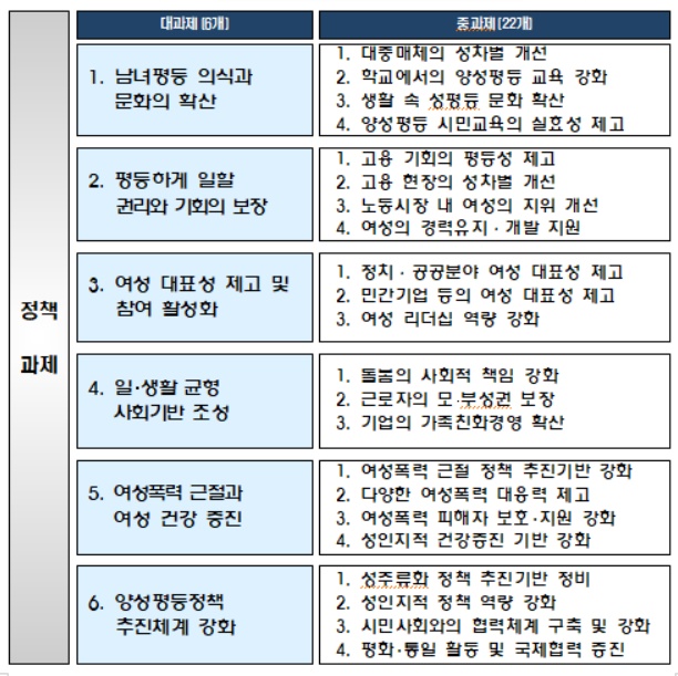 ▲제2차 양성평등정책 기본계획(2018~2022) 정책 과제.(자료제공=여성가족부)