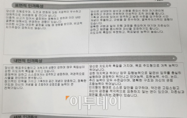 ▲구직자 김성인 씨는 표면적·내면적 인격특성에서 '냉철한 지도자형'이라는 평가를 얻었다. (유정선 기자 dwt84@)