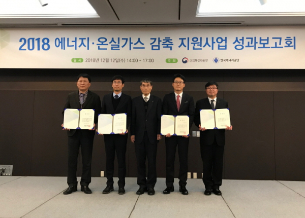 ▲박강남 한국동서발전 기후환경실 차장(왼쪽에서 두번째)이 12일 한국에너지공단 이사장 우수기업 표창 수상자들과 기념 촬영을 하고 있다.(한국동서발전)