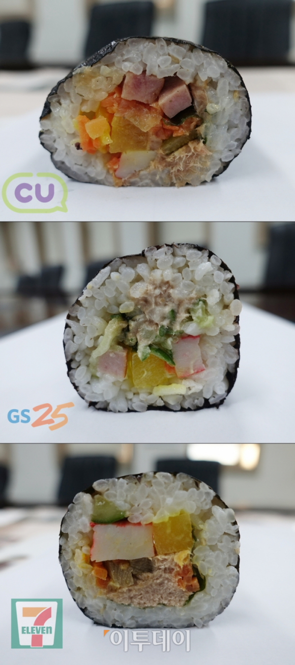 ▲위에서부터 CU. GS25, 세븐일레븐의 그냥 김밥. 거의 비슷한 퀄리티였다. 세븐일레븐 김밥의 유독 정갈한 단면이 눈에 띈다. (김정웅 기자 cogito@)