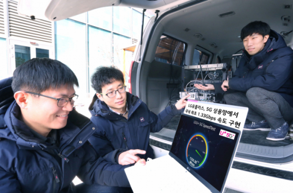 ▲LG유플러스 직원들이 서울시 강서구 LG마곡사이언스파크 인근 5G 상용망에서 5G 단말을 통해 최고 속도 등을 테스트하는 모습. (LG유플러스)