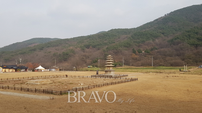 ▲보물 제104호 서산 보원사지 오층석탑. 안으로 들어와 바깥쪽으로 내다 본 모습으로 금당 터 앞에 하나의 석탑이 서있는 1 탑 1 금당 형식이다. 백제탑을 이어받은 충청지역 석탑의 특징을 지니고 있다. 2단의 받침대 각 면에 화려한 조각이 눈길을 끈다.(김신묵 동년기자)