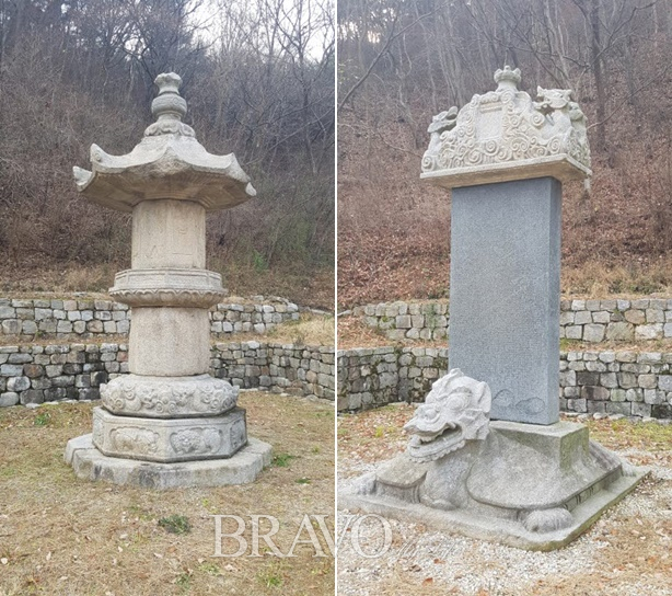 ▲보물 제105호 법인국사탑(오른쪽)과 제106호 법인국사탑비(왼쪽). 법인국사의 사리를 모신 팔각 원당형 승탑은 꽤 큰 규모이며 조금 작은 크기의 탑비에는 법인국사에 관한 기록이 자세히 적혀있다.(김신묵 동년기자)