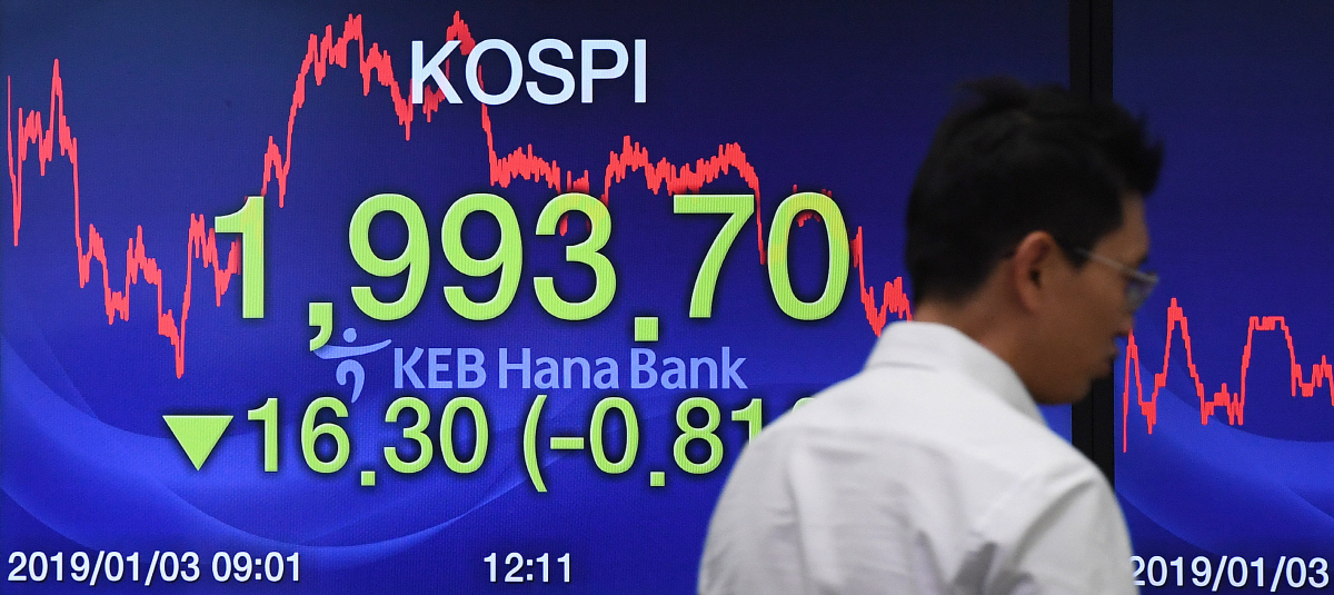 ▲코스피지수가 기해년 증시 개장 이틀 만에 2000선이 붕괴된 3일 서울 중구 KEB하나은행 딜링룸 전광판에 전 거래일보다 16.30포인트(0.81%) 하락한 종가 1993.70이 표시돼 있다. 코스피 2000선이 무너진 건 지난해 10월 30일 이후 2개월여 만이다. 오승현 기자 story@