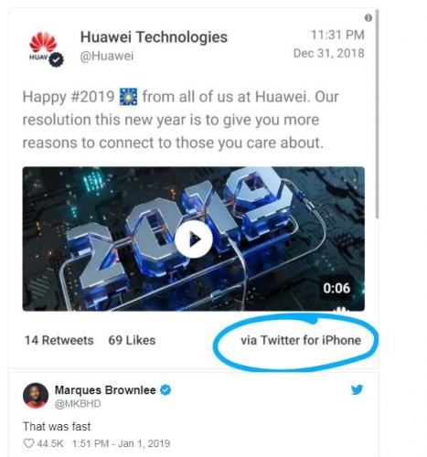 ▲화웨이 공식 트위터 계정이 작년 12월 31일(현지시간) 올린 새해인사 트윗 밑에 ‘아이폰으로 작성됐다’는 문구가 있다. 출처 트위터
