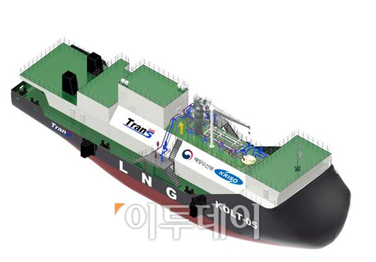 ▲500㎥급 LNG 벙커링 바지선 예상 모형도. 해상에서 LNG 벙커링 선박 또는 LNG 바지(Barge)선을 통해 LNG를 공급한다.(해양수산부)