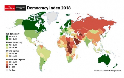 ▲영국 ‘이코노미스트 인텔리전스 유닛(EIU)’이 발표한 ‘민주주의 지수 2018(Democracy Index 2018)’ 분포. 이코노미스트
