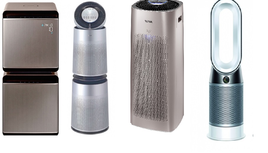 ▲왼쪽부터 삼성전자의 삼성큐브, LG전자의 LG 퓨리케어 360도 공기청정기, 대유위니아의 위니아 공기청정기, 다이슨의 퓨어 핫앤쿨 공기청정기 (사진제공=삼성전자, LG전자, 대유위니아, 다이슨 )
