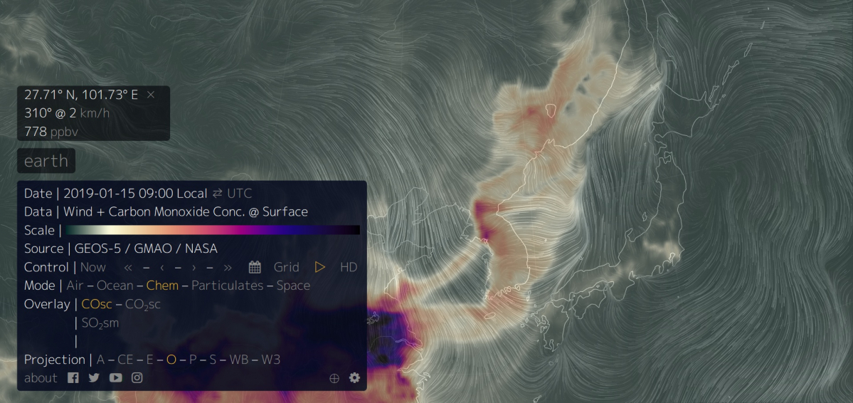 ▲한국의 이산화탄소 지표면 농도. (출처=어스윈드맵 사이트 캡처)