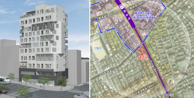 ▲화곡역 역세권 청년주택 사업 투시도(왼쪽)와 위치도.(출처=서울시)