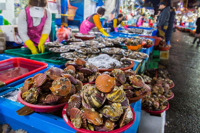 ▲생생한 수산물을 살 수 있는 마산어시장. 
