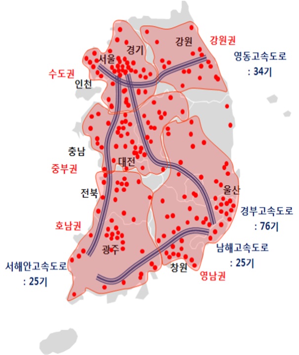 ▲2022년 전국 수소충전소 지도(산업통상자원부)