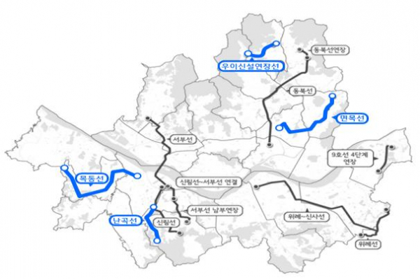 ▲서울시 재정을 투입해 착공을 추진하는 4개 경전철 노선.(연합뉴스)