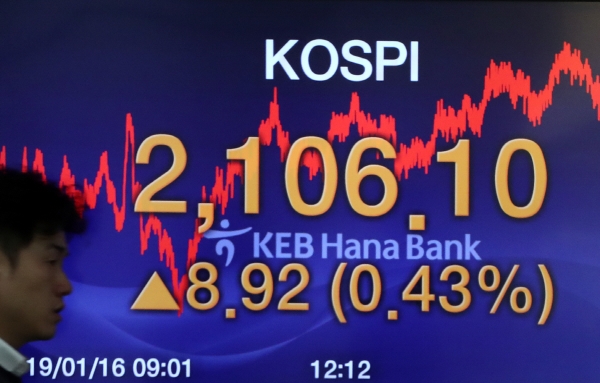 ▲코스피지수가 지난달 16일 외국인 매수세에 힘입어 전 거래일보다 0.43% 오른 2106.10으로 장을 마감했다. 지수가 종가 기준 2100선을 넘어선 것은 작년 12월 5일(2101.31) 이후 처음이다.(사진=연합뉴스)