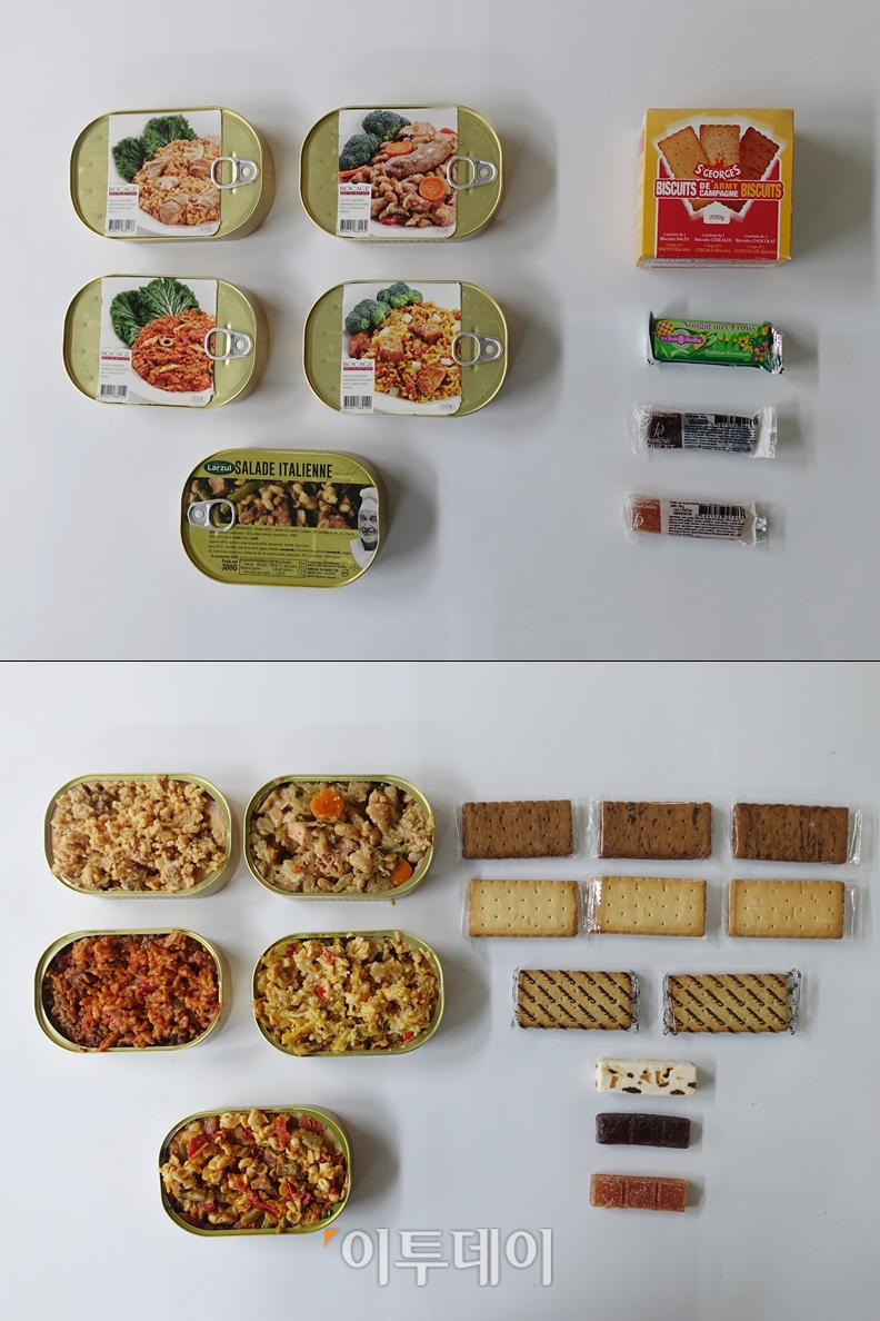 ▲프랑스 전투식량 구성품. 주로 통조림으로 메뉴를 구성한 것이 인상적이다. (김정웅 기자 cogito@)
