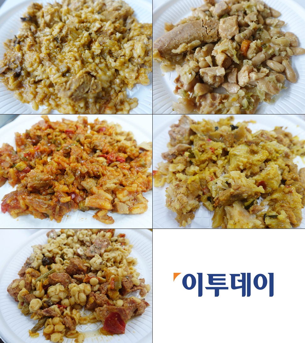 ▲사진 왼쪽 위부터 차례로 ‘양송이버섯 리조또’, ‘소세지 화이트번 스튜’, ‘크레올 포크라이스’, ‘바스크식 닭요리’, ‘이탈리아식 샐러드’. (김정웅 기자 cogito@)