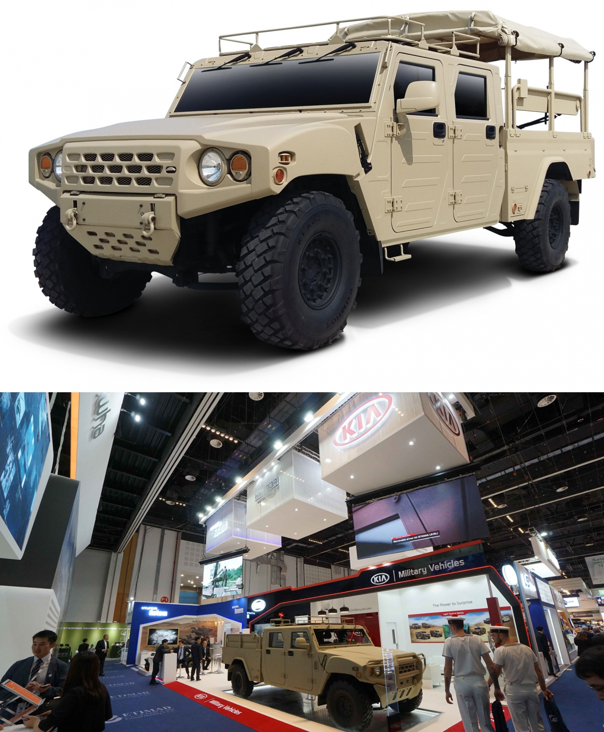 ▲기아차가 4인승 소형전술차를 기반으로 한 카고 트럭 콘셉트를  IDEX 2019에 선보였다. (사진제공=기아차)