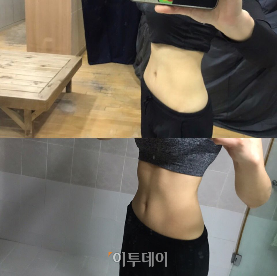 ▲위 사진은 피트니스 탈의실에서, 아래 사진은 PT가 끝난 뒤 샤워실에서 찍었다. 한 번의 레슨으로 완벽한 복근이 생길 수는 없었지만, 배에 과한 힘을 주자 흐릿하게나마 11자 복근이 모습을 드러냈다. (나경연 기자 contest@)