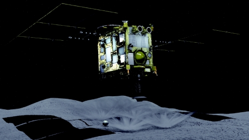 ▲일본 우주탐사선 ‘하야부사 2호’가 22일(현지시간) 소행성 류구 착륙에 성공했다. 사진은 하야부사 2호가 착륙하는 모습을 그린 컴퓨터 그래픽. EPA연합뉴스