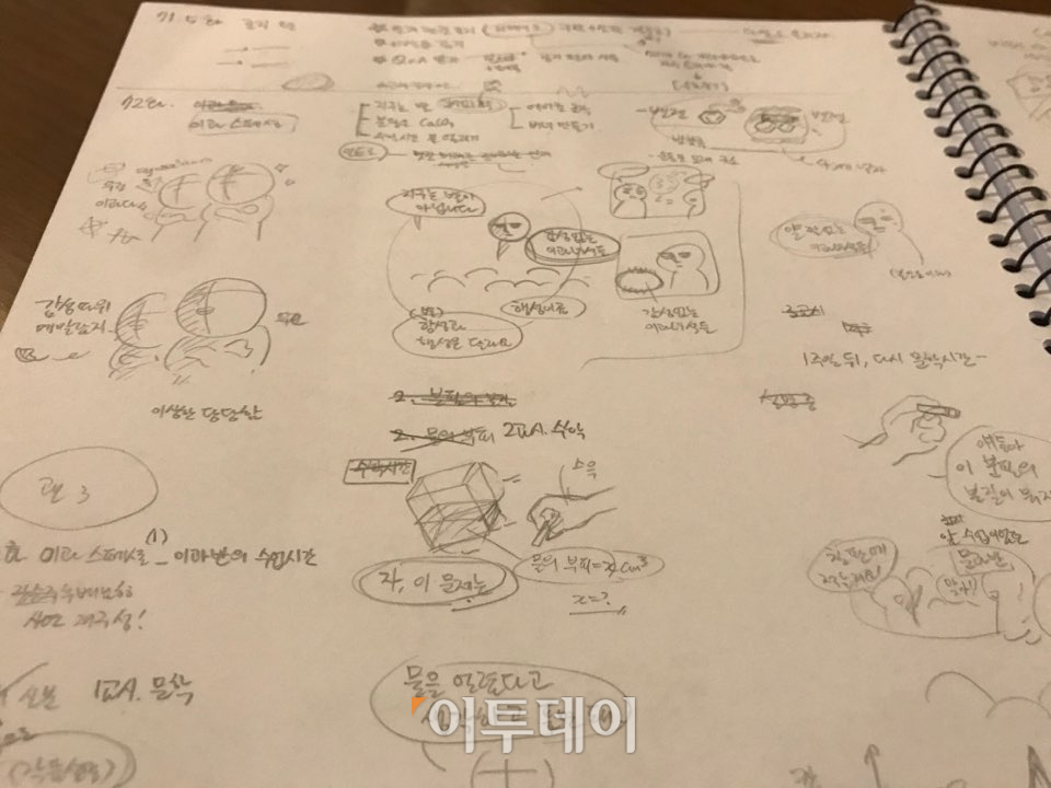 ▲김주형 작가는 이날 자신의 콘티 노트를 보여줬다. 한 편의 웹툰이 나오기 전에 거쳐야 하는 수많은 연습의 과정이 기록으로 남아있었다. (나경연 기자 contest@)