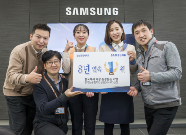 ▲한국에서 가장 존경받는 기업 8년 연속 1위 선정을 기념해 사진 촬영에 참여한 삼성전자서비스 임직원(사진제공 삼성전자서비스)
