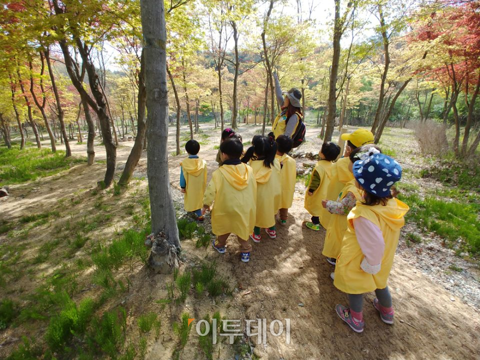 ▲유아숲체험원에서 유아들이 유아숲지도사와 함께 도심 속 숲에서 다양한 체험을 하고 있다.(사진제공=한국산림복지진흥원)