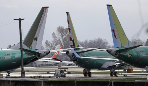 ▲에티오피아 추락기와 같은 보잉737 맥스8 최신형 인기기종 항공기들이 워싱턴주 렌턴 공항의 계류장에 모여있다. 렌턴/AP뉴시스
