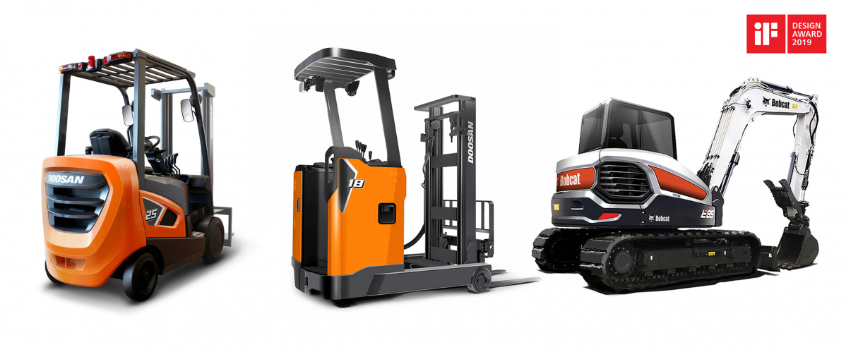 ▲‘2019 iF 디자인상’에서 본상을 수상한 두산의 지게차∙굴삭기 3종. (왼쪽부터㈜두산 지게차 GC25S-9와 BR18S-9, 두산밥캣 미니 굴삭기 E85)(사진제공=두산그룹)