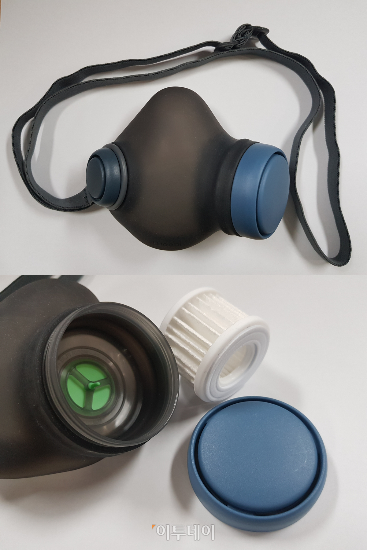 ▲‘Woobi Plus 미세오염물질 마스크(HEPA필터)’의 모습. 오른쪽의 큰 원이 공기가 들어오는 정화통이고, 왼쪽의 작은 원은 공기가 빠져나가는 배출구다. 왼쪽에 달린 끈을 뒤통수에 감아 오른쪽 정화통에 둘러 착용한다. 아래 사진에서 보이듯 뚜껑을 열어 필터를 장착한 뒤 사용하면 된다. (김정웅 기자 cogito@)