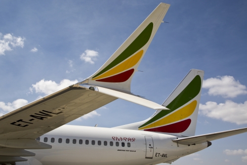 ▲23일(현지시간) 에티오피아 아디스아바바의 볼레국제공항에 착륙한 에티오피아 항공 소속 보잉 737 맥스 8 여객기의 날개 부분에 에티오피아항공의 로고가 그려져 있다. 아디스아바바/AP뉴시스
