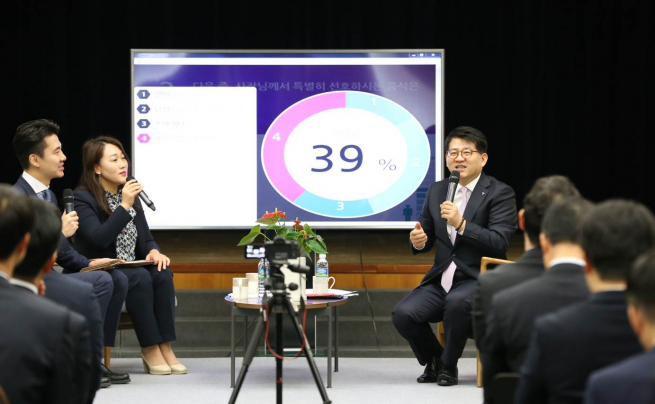 ▲장경훈 하나카드 신임 사장(오른쪽)이 25일 직원들과 함께 행복 콘서트라는 주제로 취임식을 진행하고 있다.(사진 제공=하나카드)