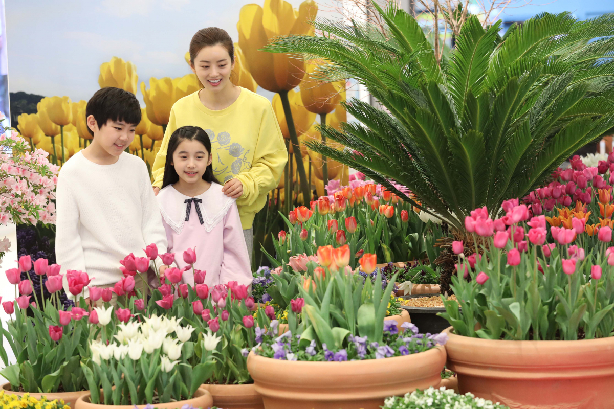 ▲31일 오전 경기도 하남시 스타필드 시티 위례에서 개점 100일 맞이 애버랜드 튤립축제가 열린 가운데 모델과 아이들이 튤립을 구경하고 있다.(사진제공=이마트)