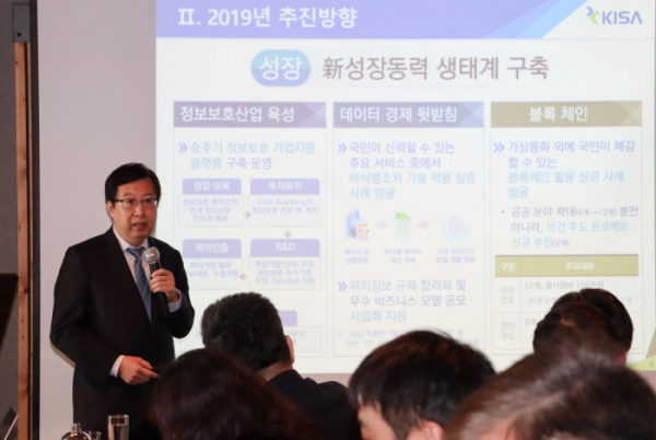 ▲김석환 한국인터넷진흥원장이 8일 기자 간담회에서 융합보안, 블록체인 등 2019년도 기관 주요 사업에 대해 설명하고 있다.(사진 = 한국인터넷진흥원 제공)