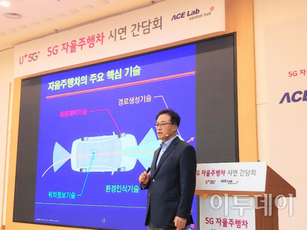 ▲11일 선우명호 한양대학교 ACE Lab 교수가 5G 자율주행차 시연간담회에서 기자 설명회를 진행하고 있다.