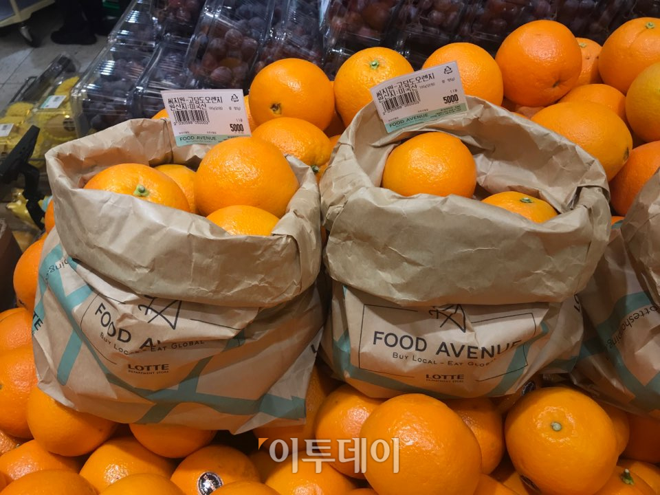 ▲근처 백화점 식품 매장은 마트보다 일회용 비닐봉지 규제를 엄격히 지키는 모습이었다. 모든 판매대 옆에는 손잡이 없는 종이봉투가 마련돼 있었고, 물기가 있는 채소에만 속 비닐을 사용했다. (나경연 기자 contest@)