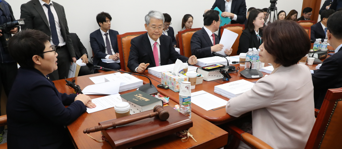 ▲3일 오전 열린 국회 환경노동위 고용노동소위원회에서 임이자 위원장과 의원들이 근로기준법 개정안, 최저임금법 개정안 등 법안을 심의하고 있다. (연합뉴스)