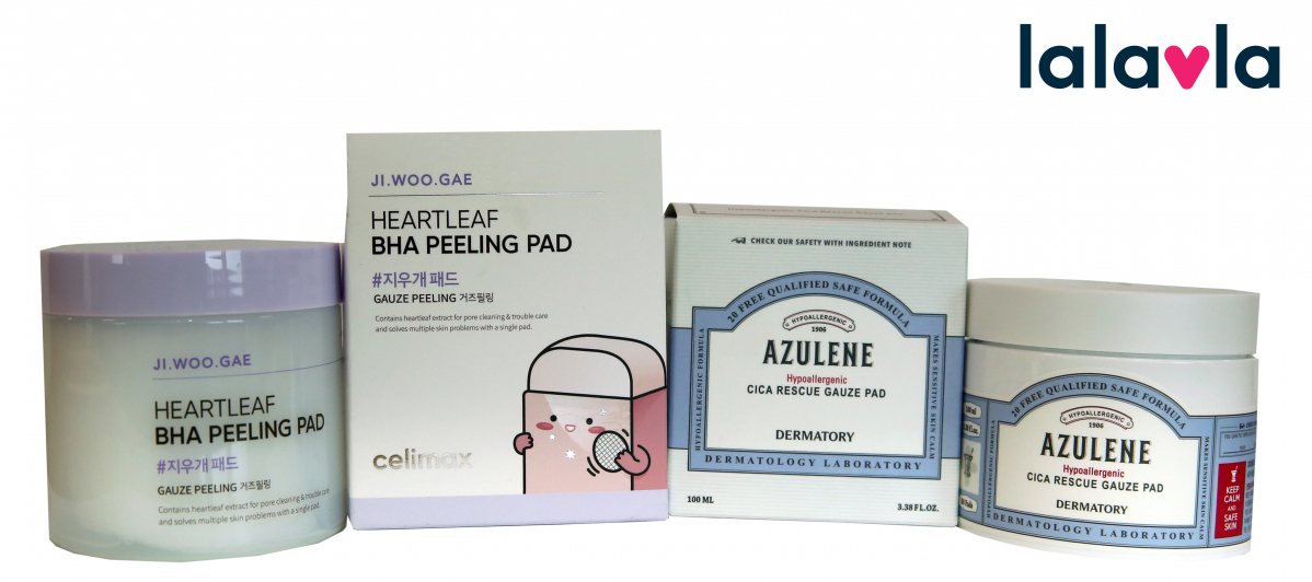 ▲랄라블라에서 판매하는 셀리맥스의 지우개패드(좌측에서 1, 2번째)와 더마토리의 하이포알러제닉 시카레스큐 거즈패드(우측에서 1, 2번째) 제품이미지(사진제공=랄라블라)