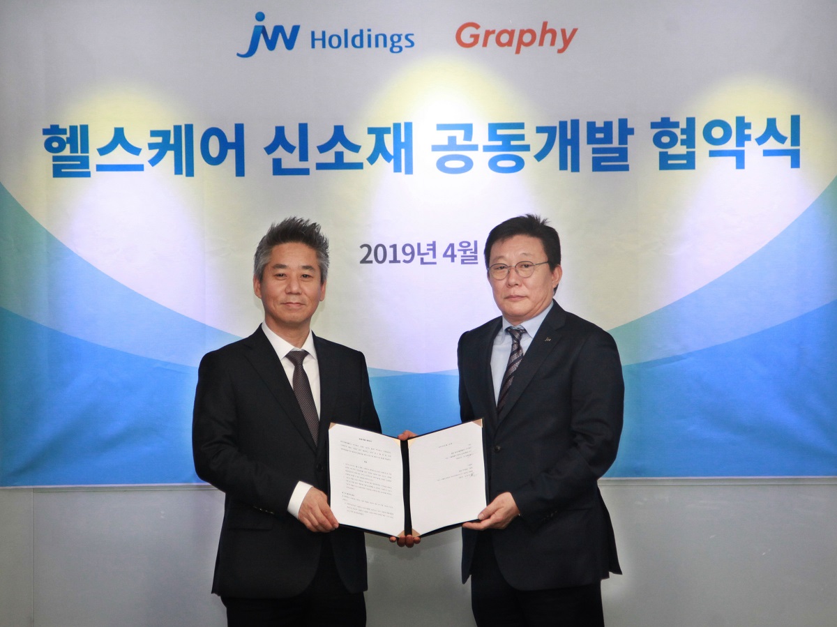 ▲한성권 JW홀딩스 대표(오른쪽)와 심운섭 그래피 대표가 헬스케어 신소재 공동개발 계약을 체결하고 기념촬영을 하고 있다.(사진제공=JW홀딩스)