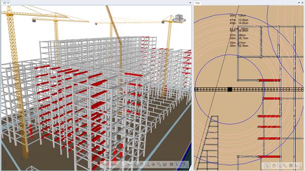 ▲디플랜 솔루션을 통해 타워크레인 배치와 양중하중을 검토할 수 있다.(사진=대림코퍼레이션)