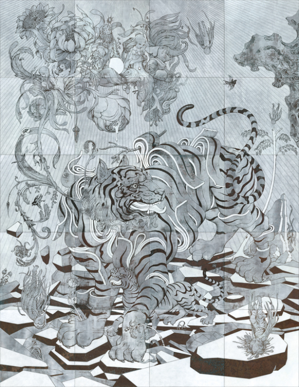 ▲Tiger - White Metal, 타이거- 화이트 메탈, 뚜껑이 달린 구리의 혼합 매체, 152.4x152.4cm, 2019.