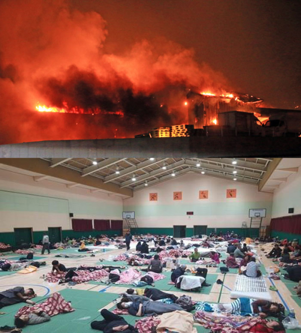 ▲ 강원도에 발생한 대형 산불(위)로 발생한 이재민들(아래)(연합뉴스)
