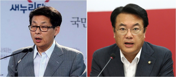 ▲차명진 전 한국당 의원(왼쪽)과 정진석 한국당 의원(오른쪽)
